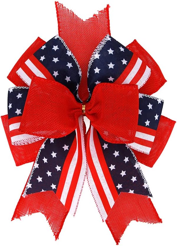 Meseey Patriotic Bows for Wreaths - Large Burlap Red, White & Blue Stripe Bow | 12” x 9.4” for 4th of July Decor