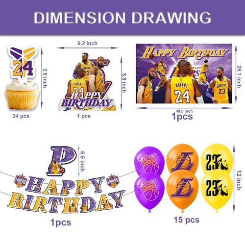 42Pcs Los Angeles Basketball Party Supplies Pack Includes，Banner，Cake Topper，Blackdrop,Balloons for The Laker party decoration