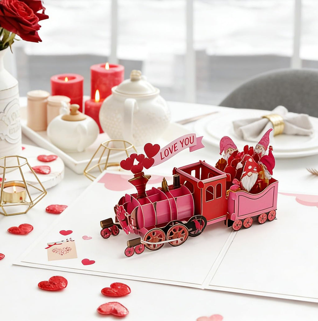 Caughttui 3D Pop Up Valentines Train Card, 3D valentine's day Gift Cards, Valentines Day Gifts