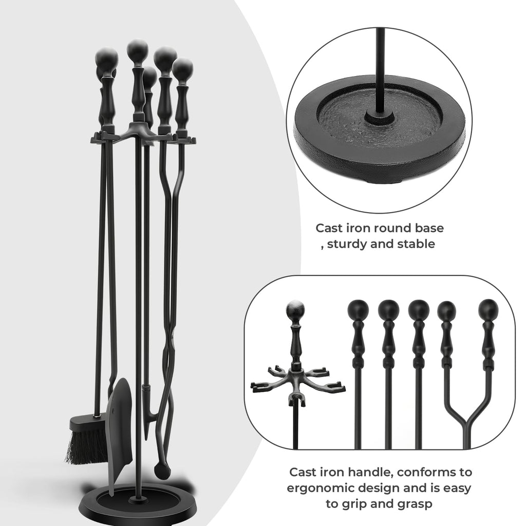 Nouetele Fireplace Tools Set 5-Piece - Heavy Duty Cast Iron Fire Place Tool Set with Stand, 31-Inch Stable Base, Includes Poker, Shovel, Brush & Tongs for Indoor Outdoor Wood Stove & Hearth, Black