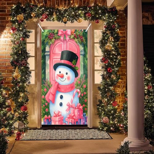 BlissYard Pink Snowman Christmas Door Cover 35x71 Inch Wall Banner
