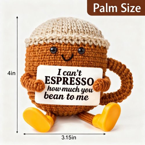 Birthday Gifts for Women,Cute Coffee Mug Desk Decor,Positive Espresso Emotional Crochet Handmade, Funny Happy Christmas Dolls for Women Men Girls Coffee Lover Gifts