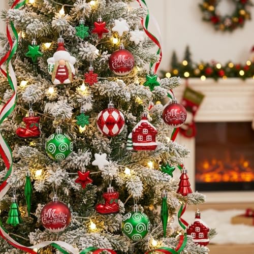Valery Madelyn Christmas Ornaments Set - Red, Green & White Whimsical Holiday Decorations, 50 pcs