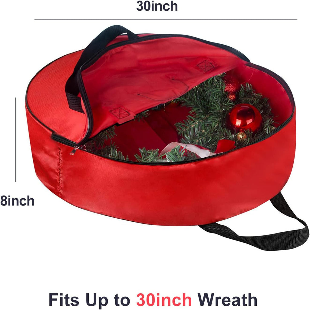 TQS Christmas Wreath Storage Bag - 30 Inch Red Cotton with Zipper Closure & Reinforced Handles