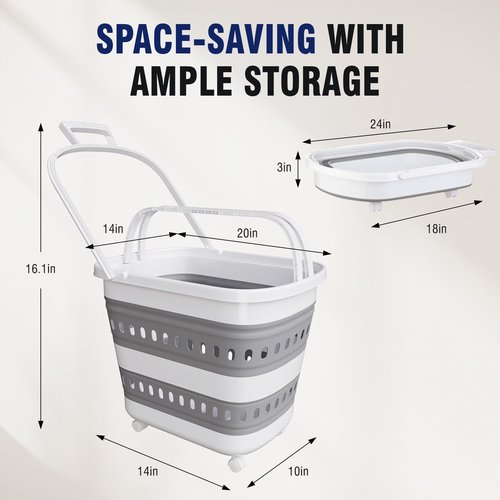 Collapsible Plastic Laundry Basket Hamper with Wheels, 45L Portable Rubber Clothes Basket, Pop Up Storage Container/Organizer with Hanging basket for Washing & Storage, Grey