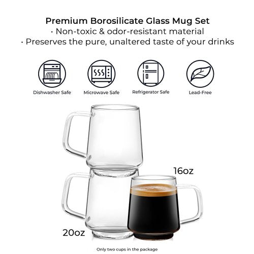 Aquach 20 Oz Glass Coffee Tea Cups, Clear Mugs with Handle, Microwave and Dishwasher safe Home Office Mug Perfect for Americano Latte Hot Beverages, 2-Pack