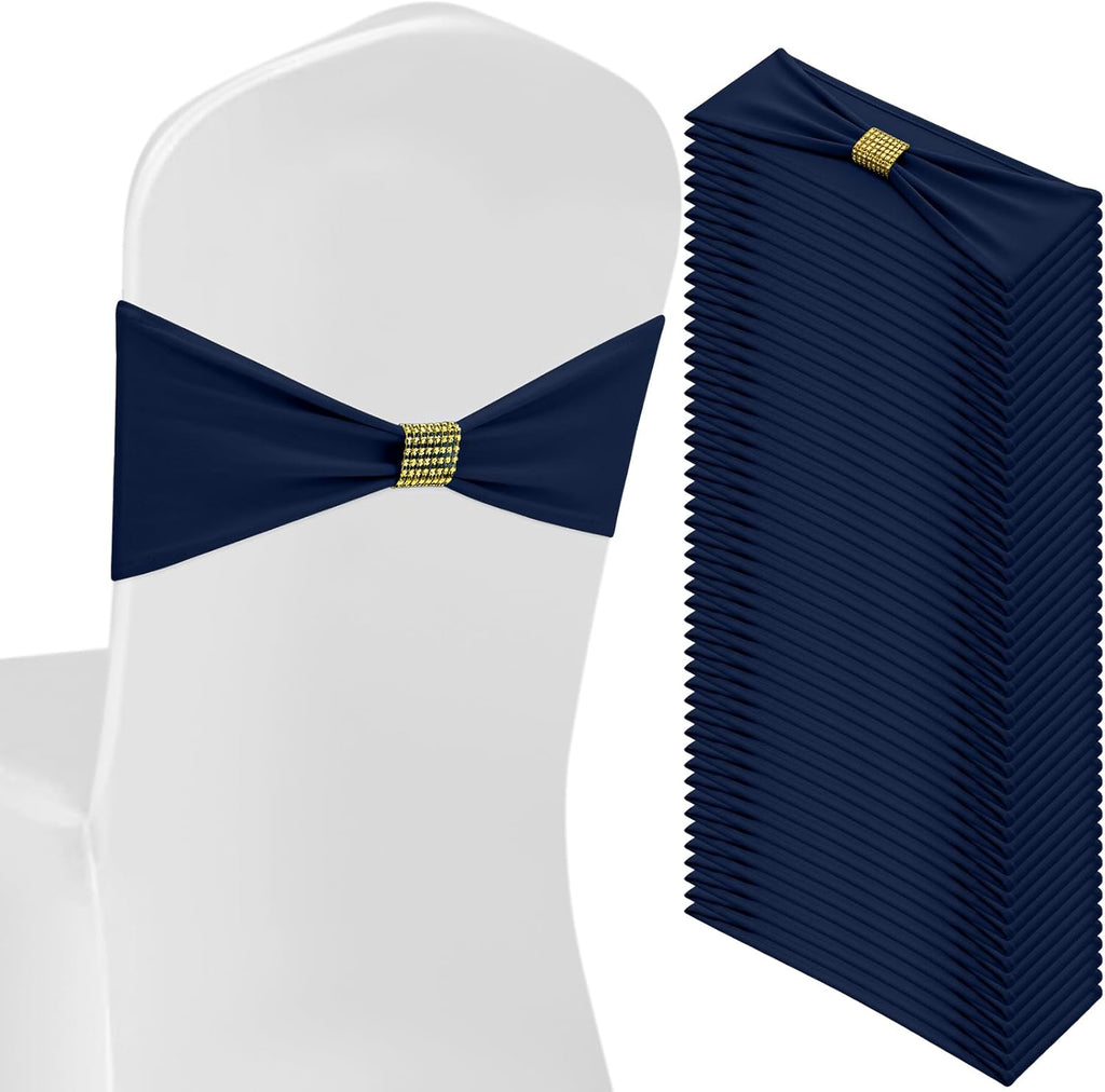 Moukeren Spandex Chair Sashes - 50 Pcs Stretch Covers with Slider Buckles | Navy Blue for Weddings & Events
