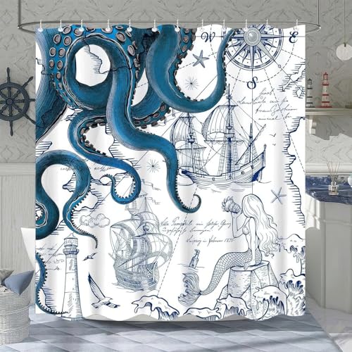 Blue Nautical Octopus Mermaid Shower Curtain 72x72 inch Waterproof Coastal Decor