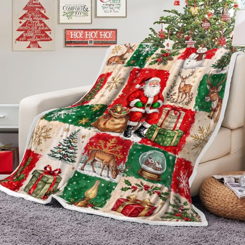 Christmas Santa Deer Throw Blanket - Holiday Patchwork Fleece 50x60, Red