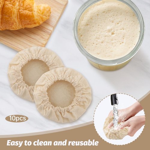 10-Pack Sourdough Starter Jar Cover Cloth with Spatula, Breathable & Reusable Fabric Bread Fermentation Cover for 3-4 Inch Mouth