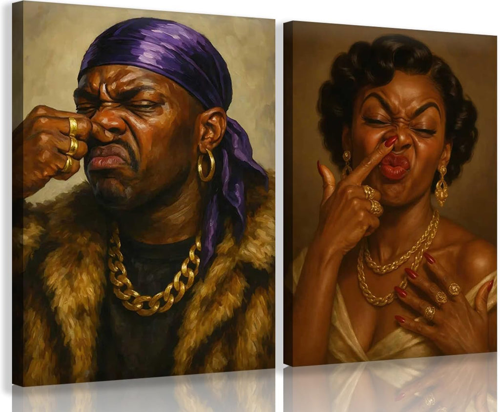 TEOVGKN Funny African American Bathroom Wall Art - Humorous Black Couple Nose Pinching Posters | Framed 12x16 in