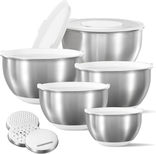 CAROTE Stainless Steel Mixing Bowls Set - 12 Pcs with Airtight Lids & Grater Attachments | Non-Slip Bottoms