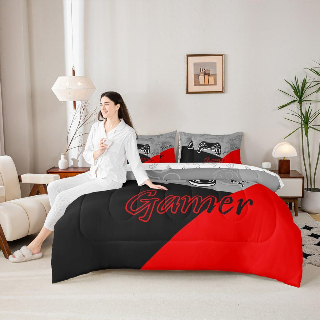 Feelyou Gamer Comforter Set with Sheets for Boys Teens Gaming 7 Piece Bedding Set Queen Size Video Game Contoller Home Bed in a Bag Decor for Kids Bed Set
