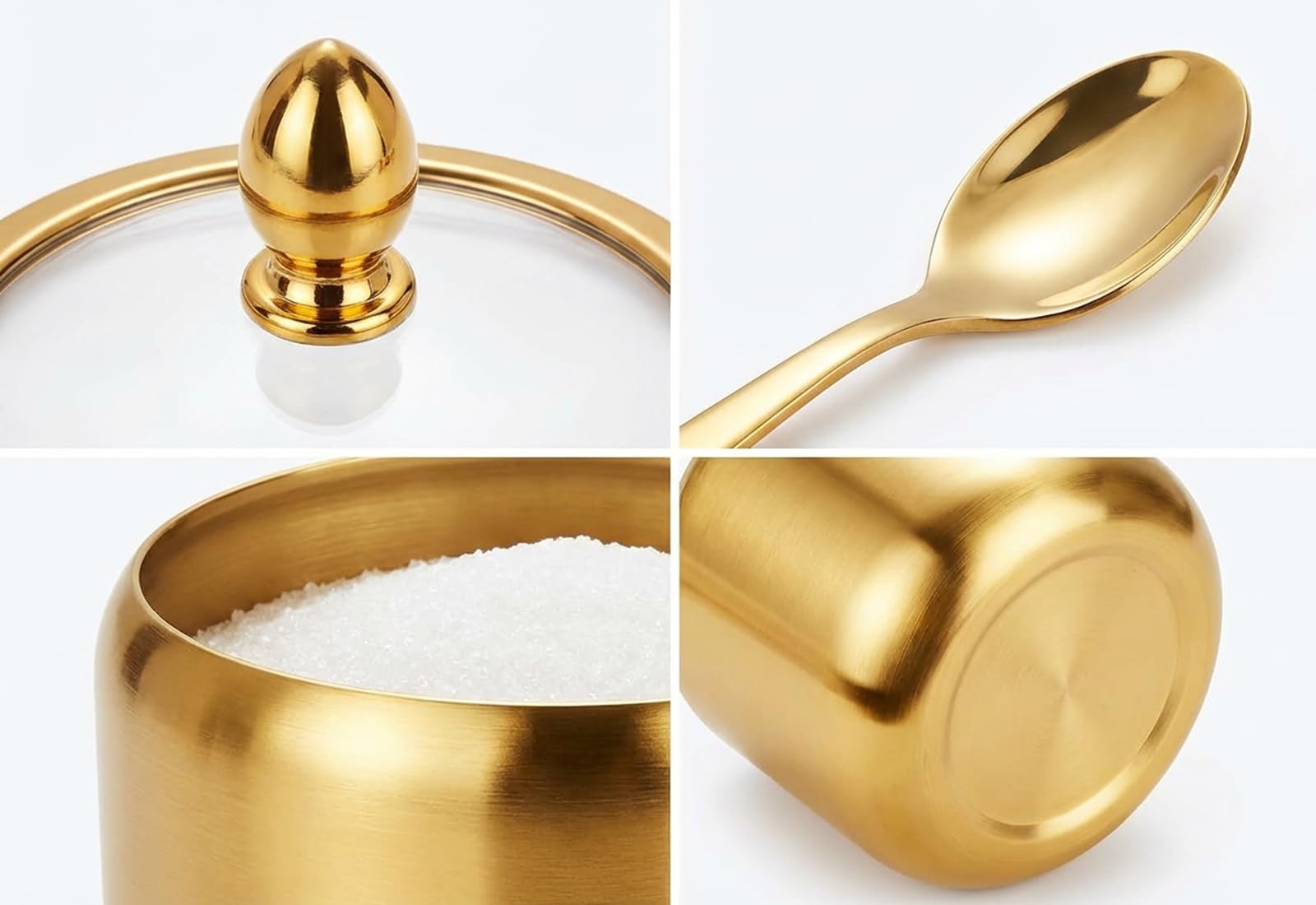 Phininia Coffee Bar Accessories Sugar Container with Glass Lid and Spoon, 10oz Gold Sugar Bowl for Kitchen Storage, Sugar Jar for Salt, Candy, Coffee Bean, Gold