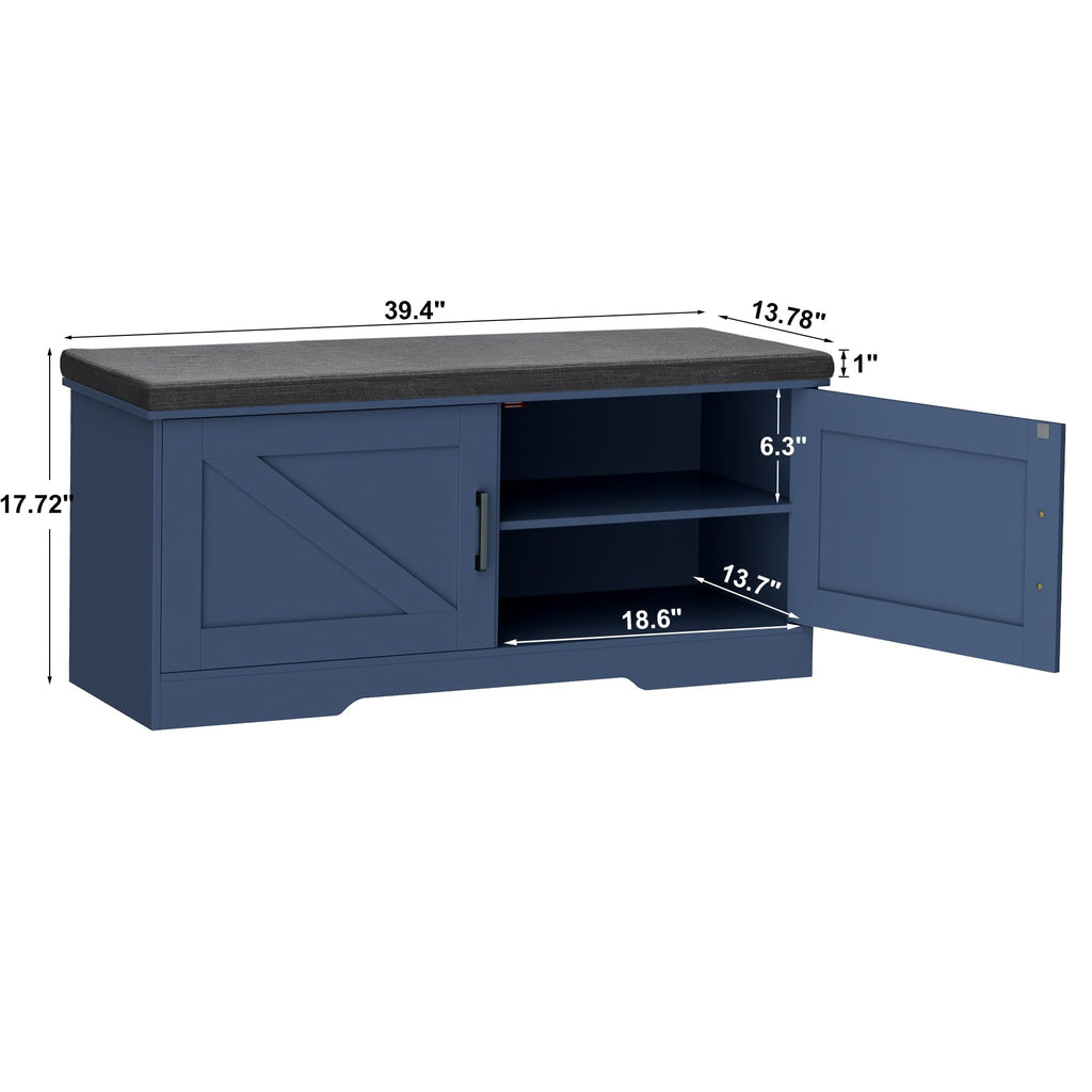 HOMSHO 2-Tier Storage Bench, 39.4" Wide Shoe Bench with Padded Seat Cushion, Entryway Bench with 2 Barn Doors and Adjustable Shelf, Blue