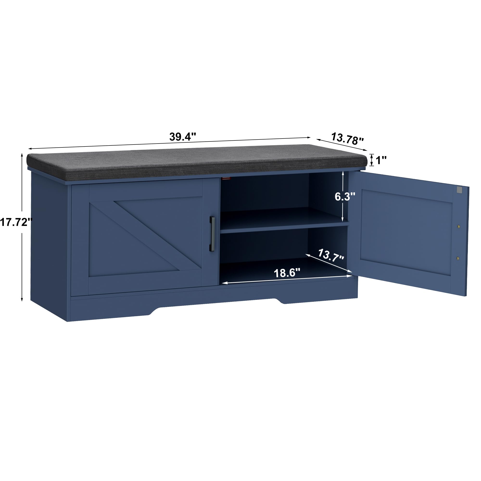 HOMSHO 2-Tier Storage Bench, 39.4" Wide Shoe Bench with Padded Seat Cushion, Entryway Bench with 2 Barn Doors and Adjustable Shelf, Blue