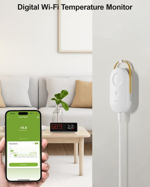 MOCREO WiFi Refrigerator Thermometer Digital Freezer Alarm, Remote Email & App Alert, 2-Year Data Logging, No Subscription, 2 Smart Temperature Sensor for Fridge, Freezer, Hot Tub
