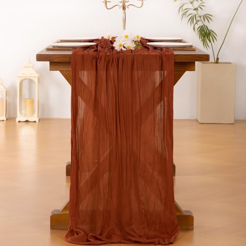 **Socomi Cheesecloth Table Runner - Boho Rustic Terracotta Design | 120 Inch for Weddings & Events**