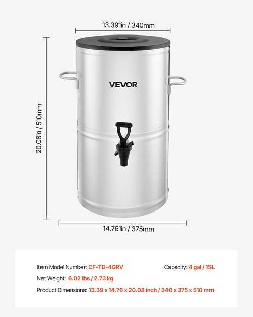 VEVOR Ice Tea Dispenser, 4 Gal/15L 304 Stainless Steel Beverage Dispenser with Spigot & Handle, Suitable for Hot and Cold Drinks, for Iced Tea Coffee Water in Cafes & Restaurants