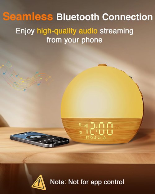 Sunrise Alarm Clock with Sound Machine - Wake Up Light, Wood Grain, Bluetooth, Dual Digital Alarm Clocks for Bedrooms, Adjustable Brightness, 30 Sleep Sounds, White Noise Machine for Baby & Adults