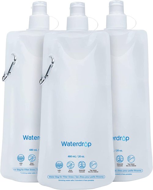 Waterdrop 16 oz Collapsible Water Pouch, Pack of 3, Hiking, Camping, Travel, BPA-Free, Reusable, Foldable
