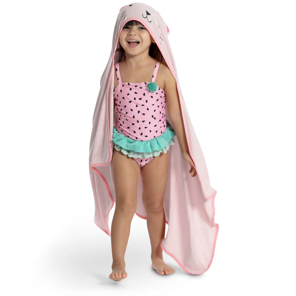 Delta Children Kids Hooded Bath Towel with Pockets - Super Soft and Absorbent- Great Gift for Boys and Girls, Pink Cat