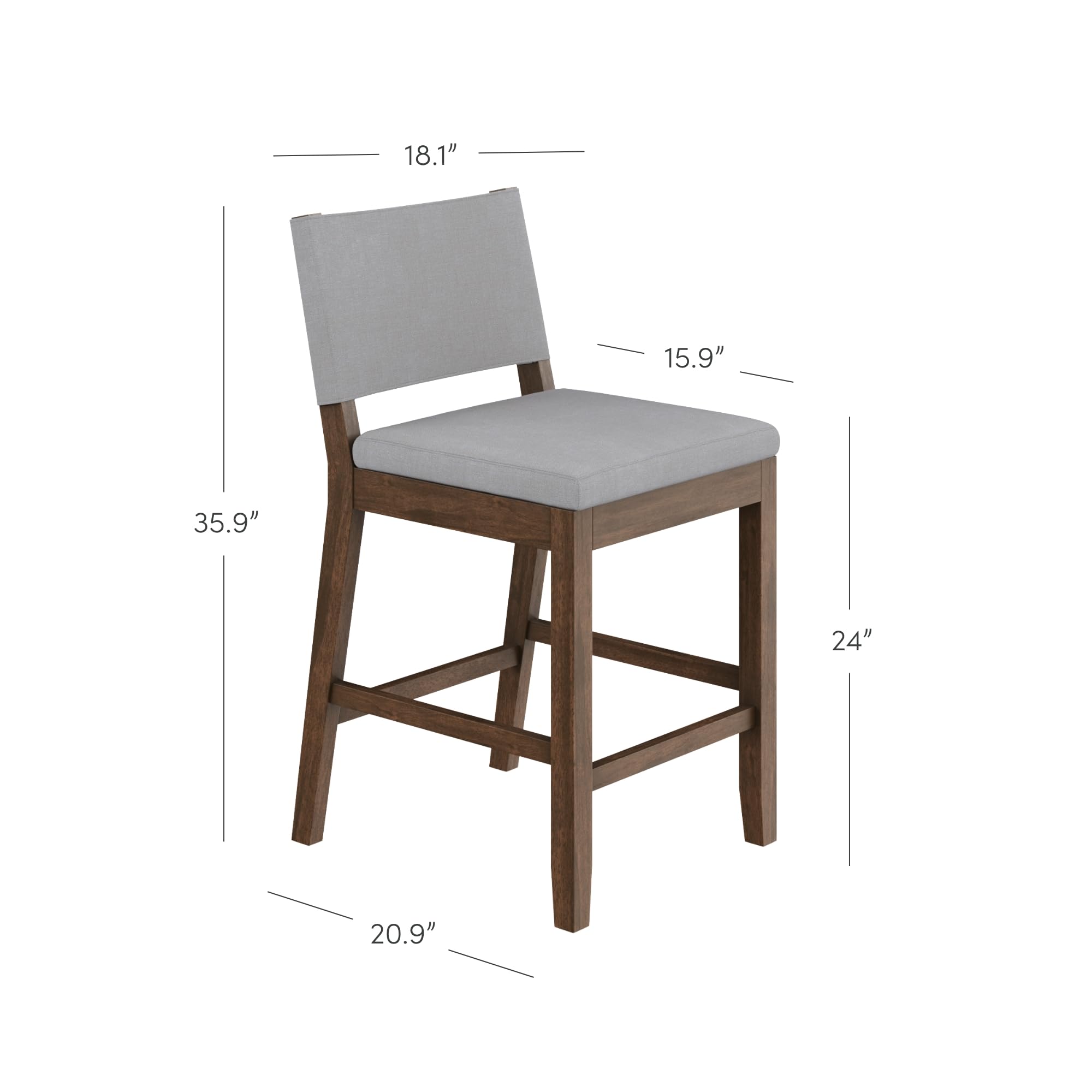 Nathan James Linus Modern Upholstered Counter Height Bar Stool with Back and Solid Rubberwood Legs in a Dark Brown Wood, Natural Light Grey/Brown