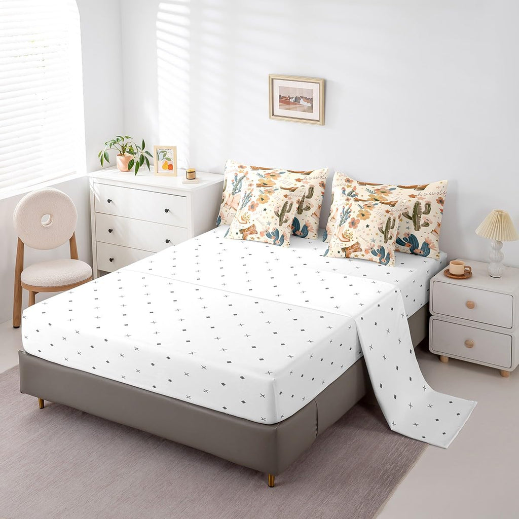 Manfei 7pcs Cowgirl Comforter Set Twin Size, Country Western Cowboy Boots Bedding Set with Sheets for Kids Girls Teens Room Decor, Wild West Cactus Flower Bed in a Bag Cute Cartoon Brown Bed Set