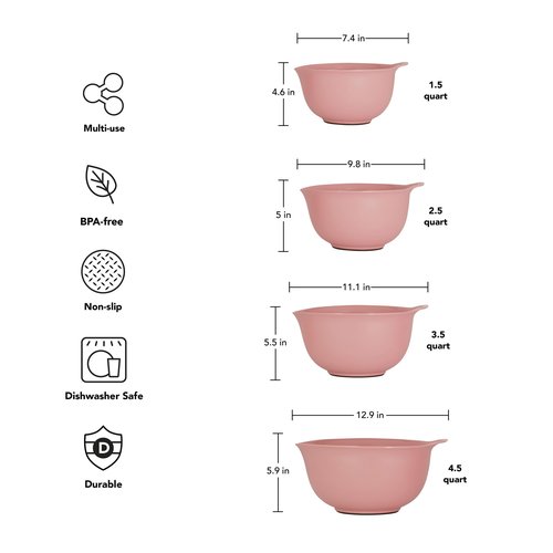 KitchenAid Universal Nesting Plastic Mixing Bowls, Set of 4, 1.5 quart, 2.5 quart, 3.5 quart, 4.5 quart