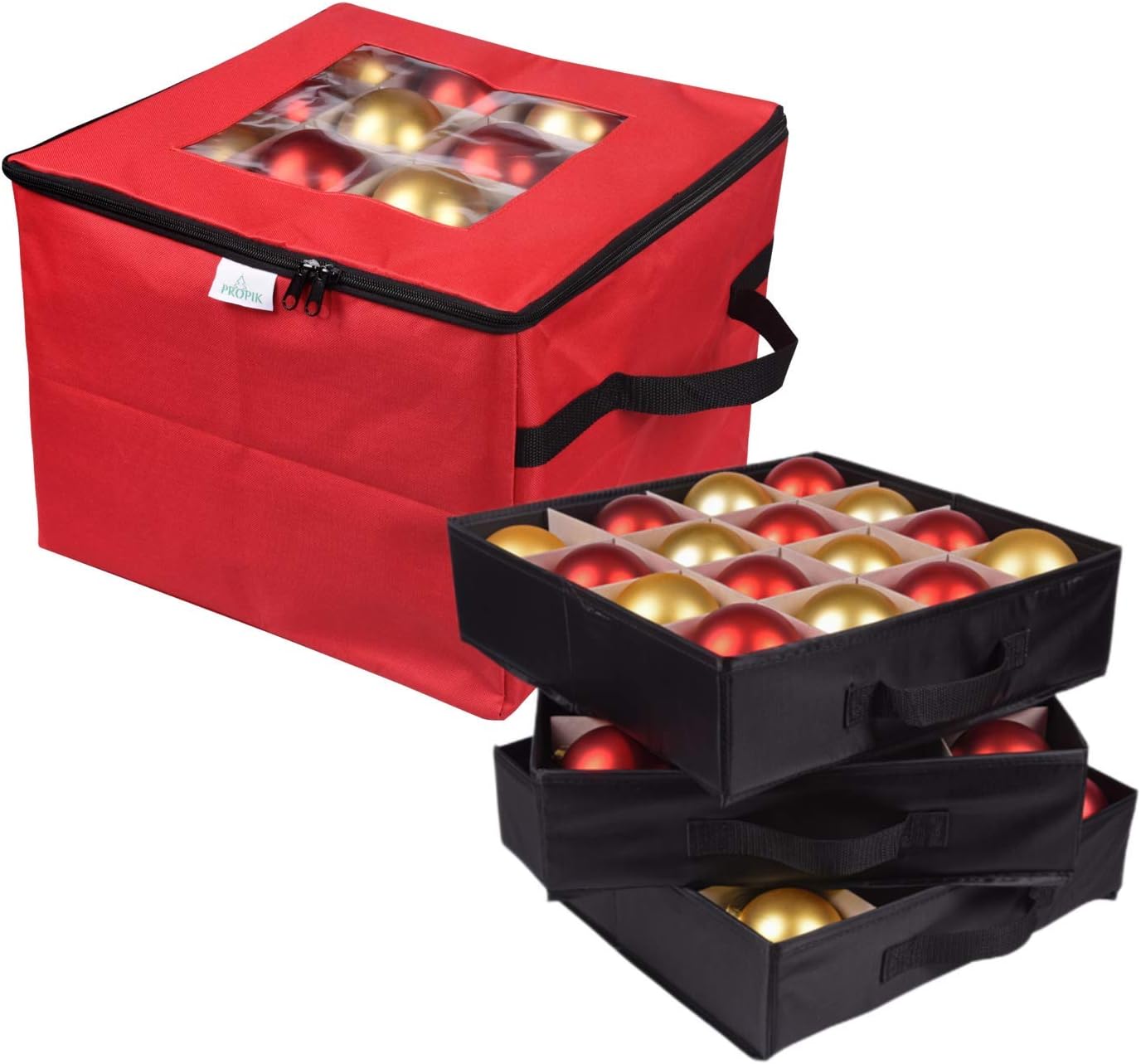 ProPik Christmas Ornament Storage Box - Organizes Up to 48 Ornaments with 3 Removable Trays | Red