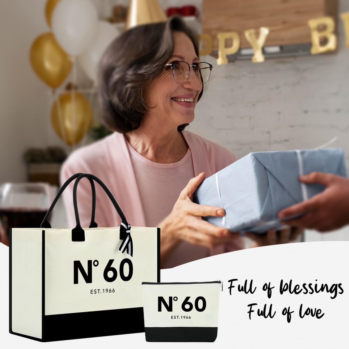 NGLIV 60th Birthday Gifts for Women,1966 Birthday Gifts for Women Travel Canvas Tote Bag and Makeup Bag, Unique 60 Years Old Birthdays Gift for Mom Wife Aunt Friends Her