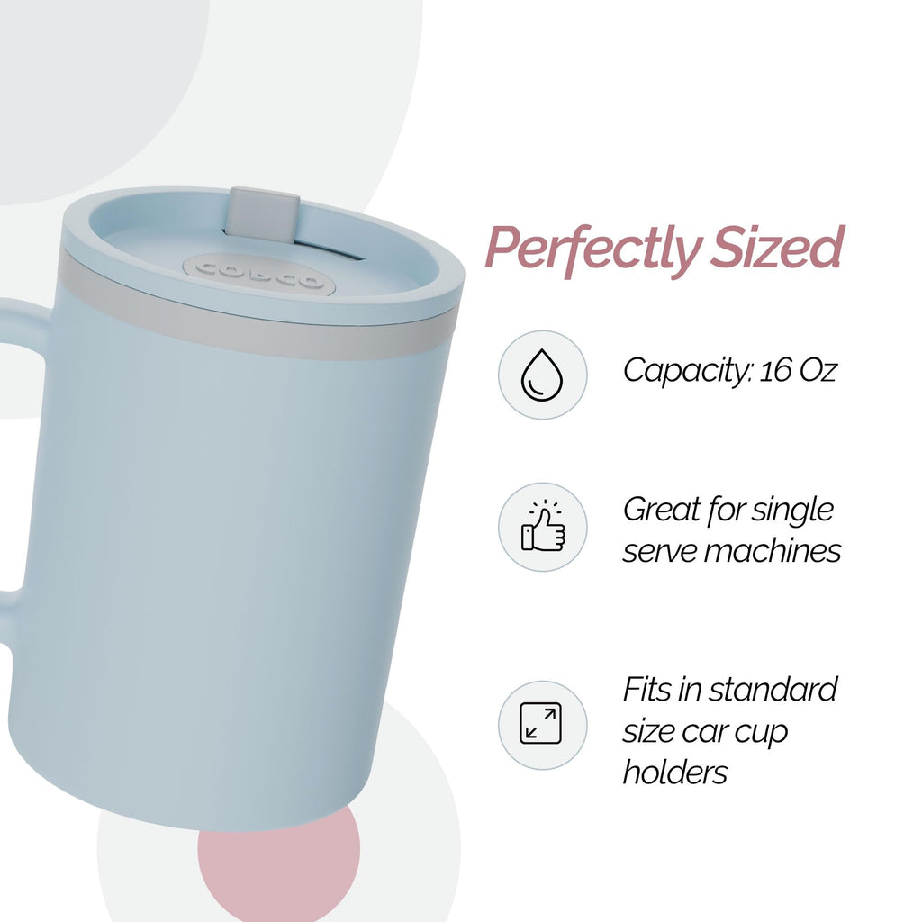 Copco Iconic 16oz Double Wall Insulated Desk Mug with Lid and Handle, Set of 2, BPA-Free Reusable Plastic, Spill-Proof, Microwave & Dishwasher Safe, Wide Mouth, Cup Holder Friendly (Light Blue/Pink)