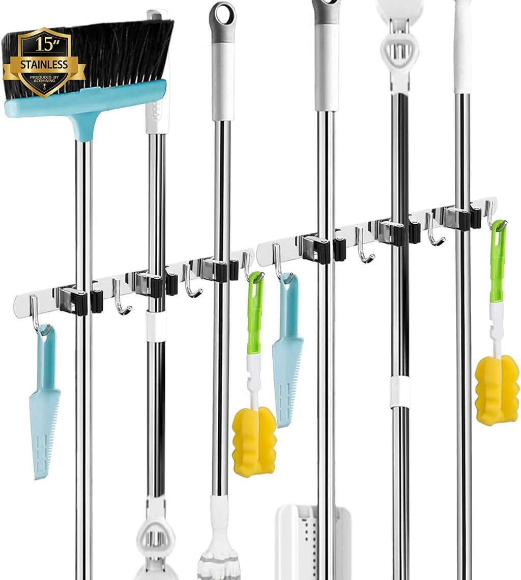 Skiennix Broom and Mop Holder - Wall Mounted Garage Organizer with 3 Racks & 4 Heavy-Duty Hooks | Stainless Steel, Non-Slip