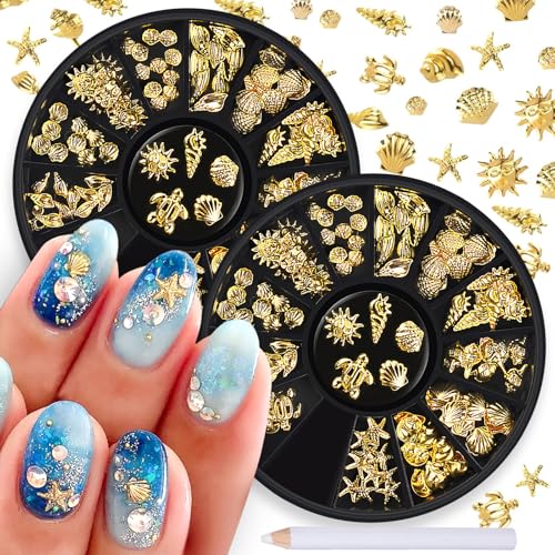 3D Gold Ocean Nail Charms Set - Starfish, Seashell Metal Studs DIY Manicure