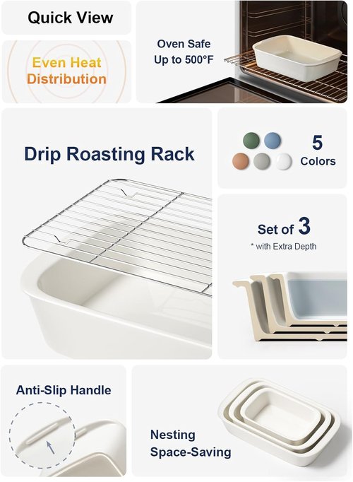 LE TAUCI Deep Casserole Dishes - Large Ceramic Baking Dish Set with Roasting Racks | 3-Piece White Bakeware (4.6QT/3.0QT/1.6QT)