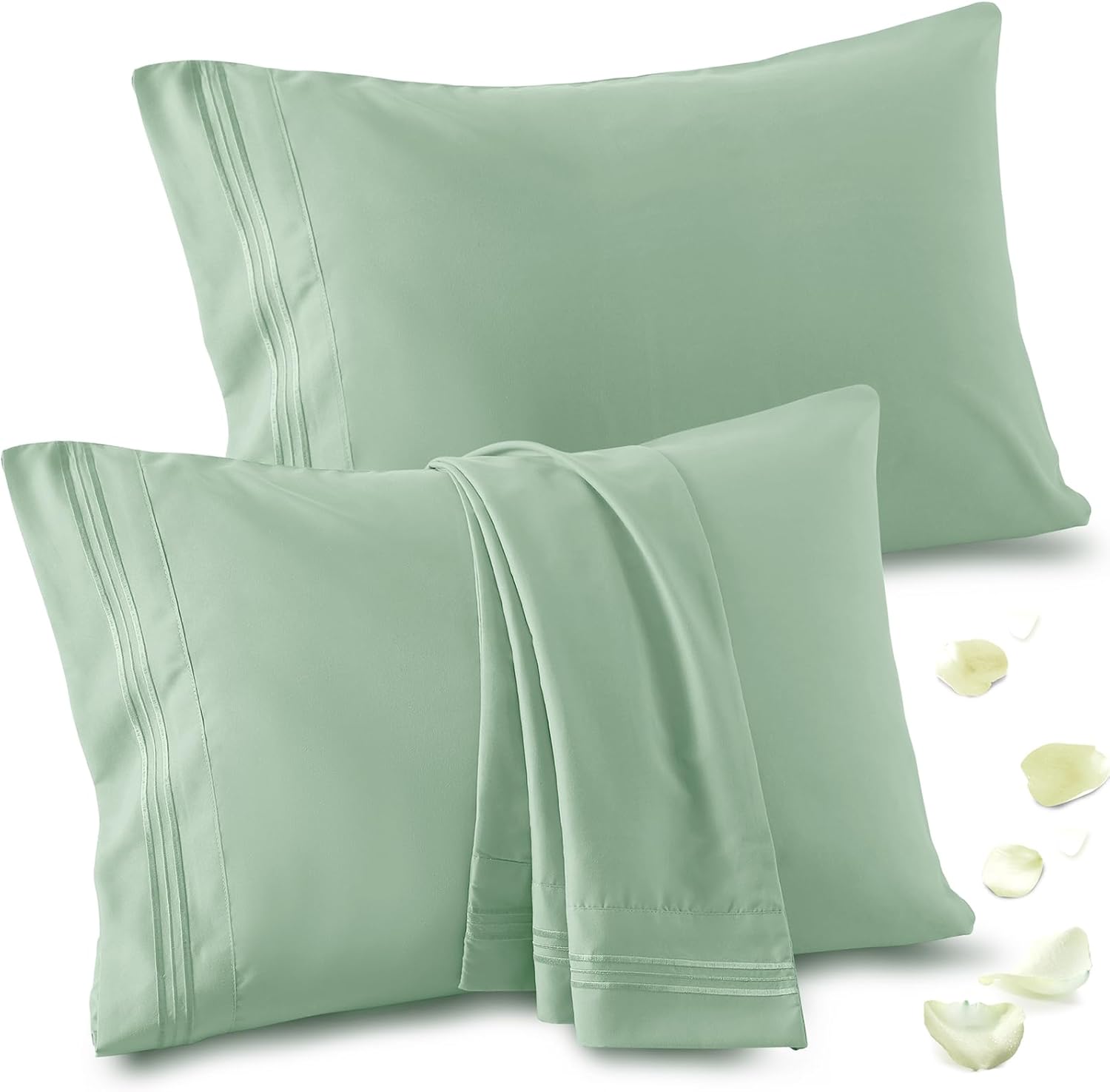 Vonty Queen Pillow Cases - 20x30 Inch, 1800 Thread Count Microfiber, Soft Sage Green Embroidered Covers