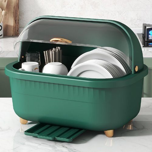 NOENNULL Dish Drying Rack and Drain Board with Lid Cover, Nursing Bottle Holder, Kitchen Plate Cup Tray Cutlery Drainer (L)