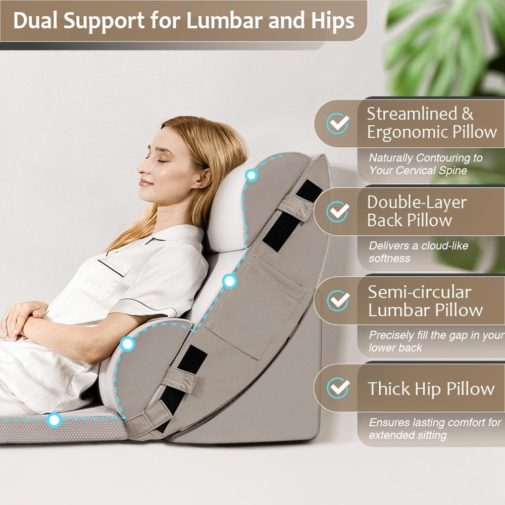 Skiennix 9PCS Orthopedic Bed Wedge Pillow Set - Adjustable Memory Foam for Back & Leg Pain Relief | Ideal for Surgery Recovery & GERD