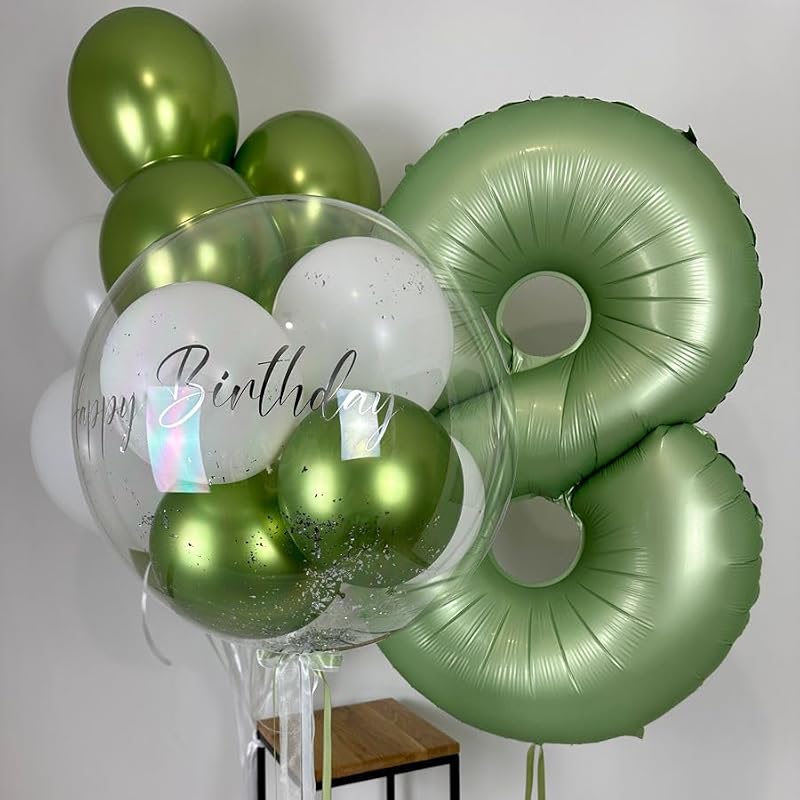 Sage Green Number 8 Balloon Set with Gold Confetti - 40" & 12"