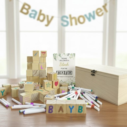 VELLCHO 98PCS Baby Shower Games Sign Kit, Baby Shower Blocks to Decorate - 60 Blank Wooden Blocks(1.5 inches Each),36 Markers,a Baby Shower Sign and Wooden Storage Box,Fun Party Favors
