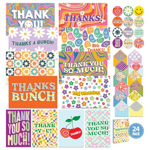 Kids Thank You Cards Set with Envelopes - 24 Retro Groovy Designs