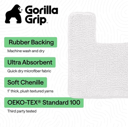 GORILLA GRIP Plush Chenille Bath Rug Mat - Soft, Absorbent & Machine Washable | White, Square Toilet Base
