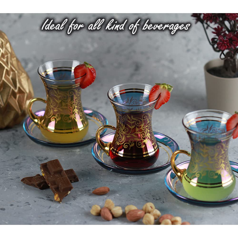 Vissmarta Vintage Turkish Tea Glasses Cups and Saucers Set of 6 Handle Drinkware Drink Bar Fancy Teapots Serving Glassware Drinking Kitchen Women Moroccan Persian Teacups Party Art Deco