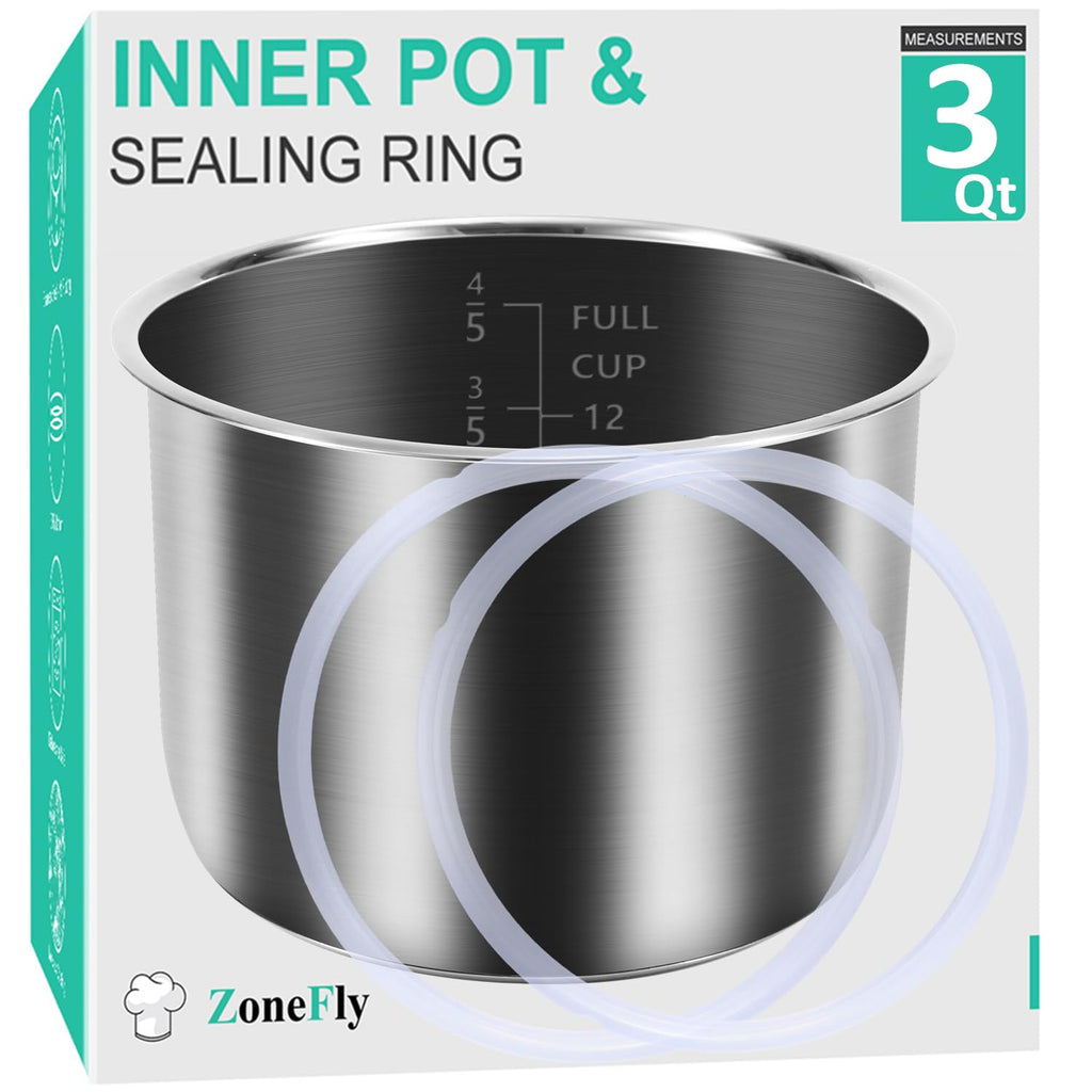 Zonefly for Instant Pot 3 Qt Inner Pot Replacement insert, Stainless Steel Cooking Pot Liner with Polished Surface & Easy to Clean - 3Quart Instapot Rice Cooker Accessories, Includes 2pcs Seal Rings
