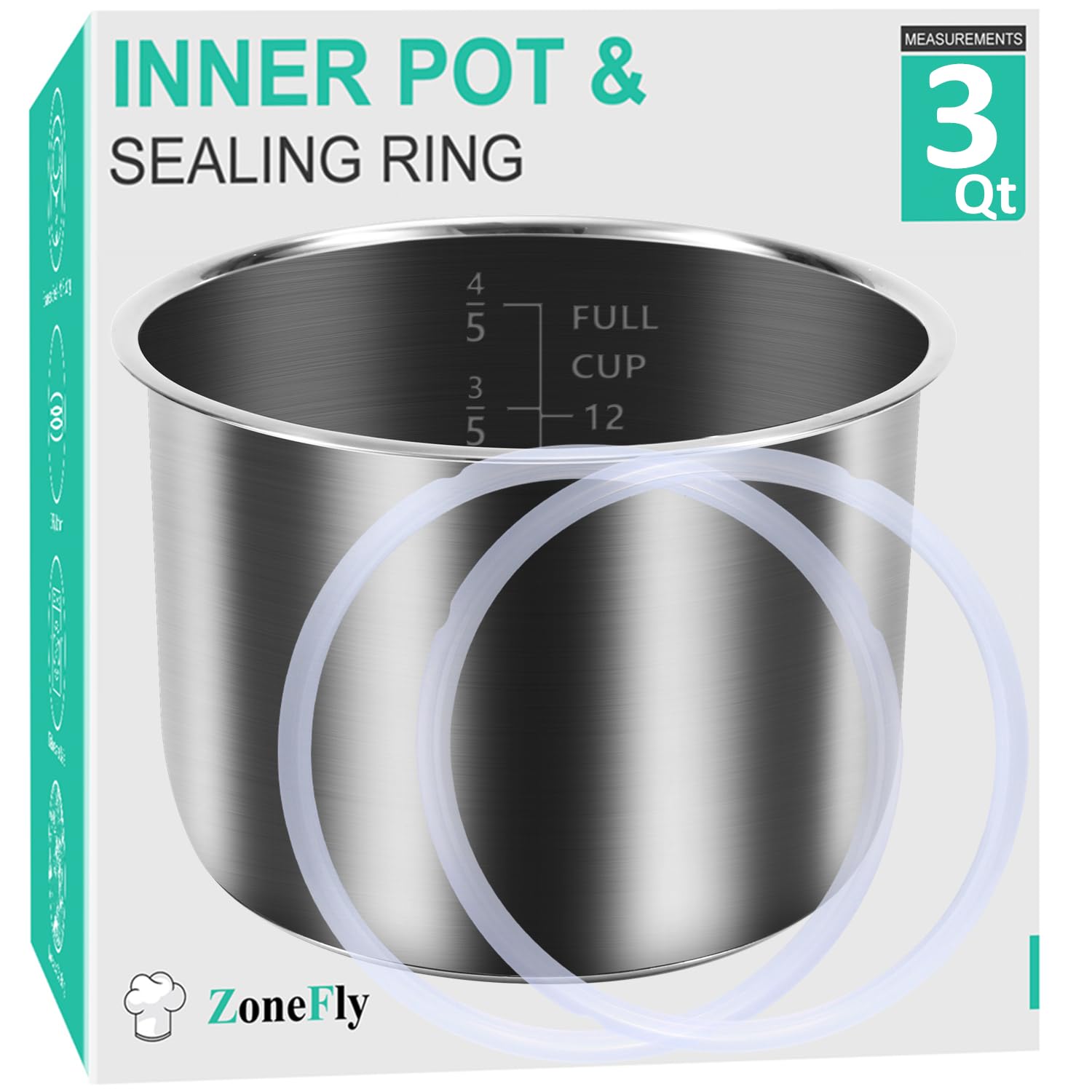 Zonefly for Instant Pot 3 Qt Inner Pot Replacement insert, Stainless Steel Cooking Pot Liner with Polished Surface & Easy to Clean - 3Quart Instapot Rice Cooker Accessories, Includes 2pcs Seal Rings