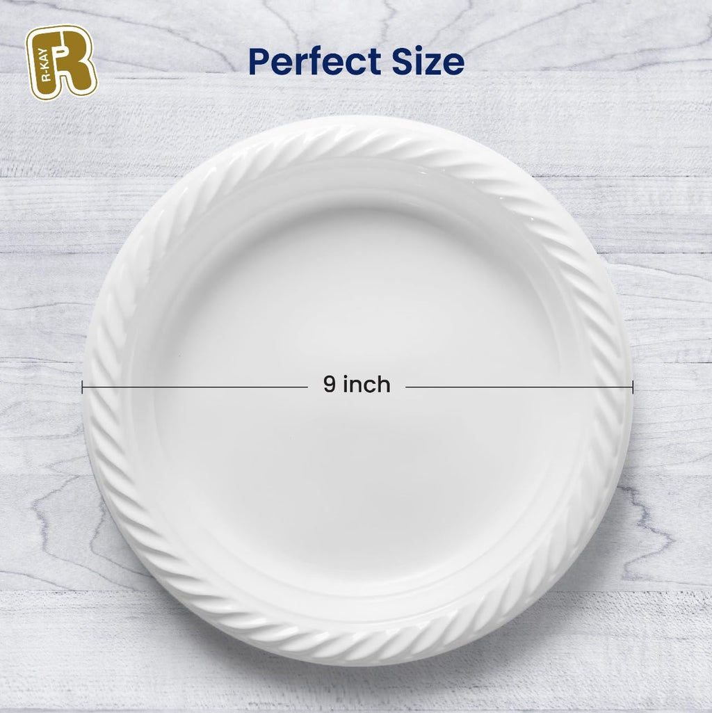R-kay 100 Pack 9 Inch Plastic Plates Disposable - Heavy Duty 9 Inch White Disposable Plates - Microwavable Disposable Plastic Plates