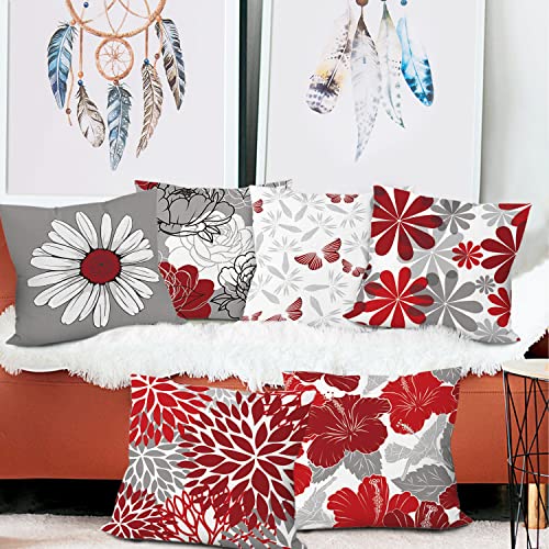 Red Grey Daisy Throw Pillow Covers 20x20 Set of 6 - Farmhouse Home Decor