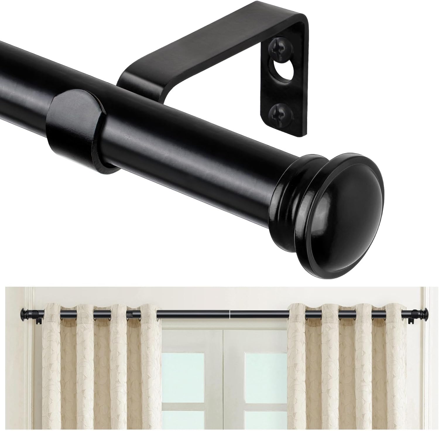 TONIAL Curtain Rod - Telescoping 3/4" Drapery Rod for Windows 20-53 Inch | Black Finish, Decorative Design