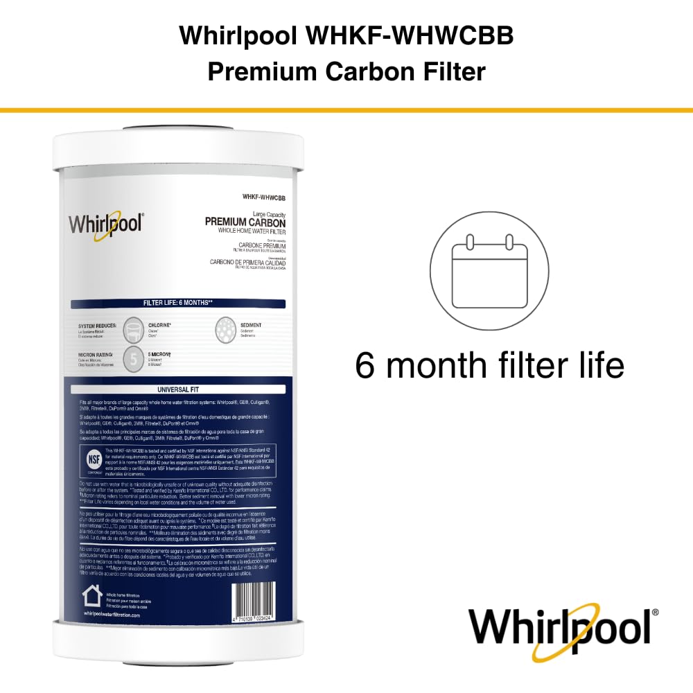 Whirlpool 10" x 4.5" Premium Carbon Water Filter WHKF-WHWCBB, NSF Certified 5 Micron Reduces Chlorine and Sediment, 6-Month Life, Large Capacity Replacement Cartridge Fits Most Home Filter Housings