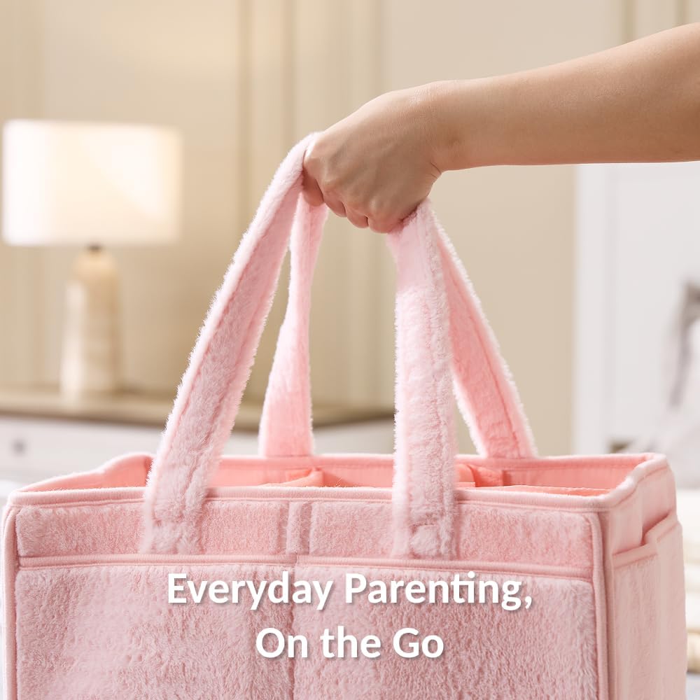 Skiennix Soft Baby Diaper Caddy Organizer - Portable Nursery Storage Basket with Removable Divider | Light Pink